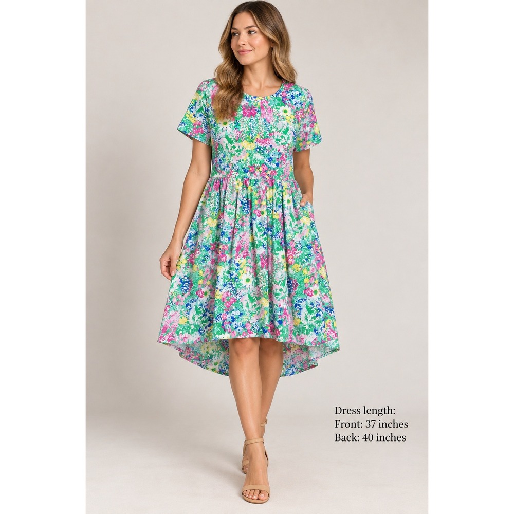 Vermont Country Store Dress Women Large Green Floral High Low Cotton Pockets